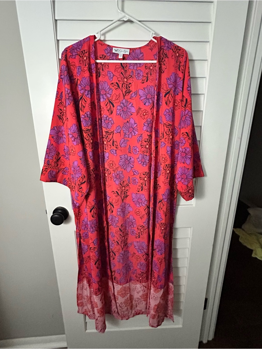 Jessica Simpson Red & Purple Long Soft Floral Boho Hippie Duster Cardigan S/M